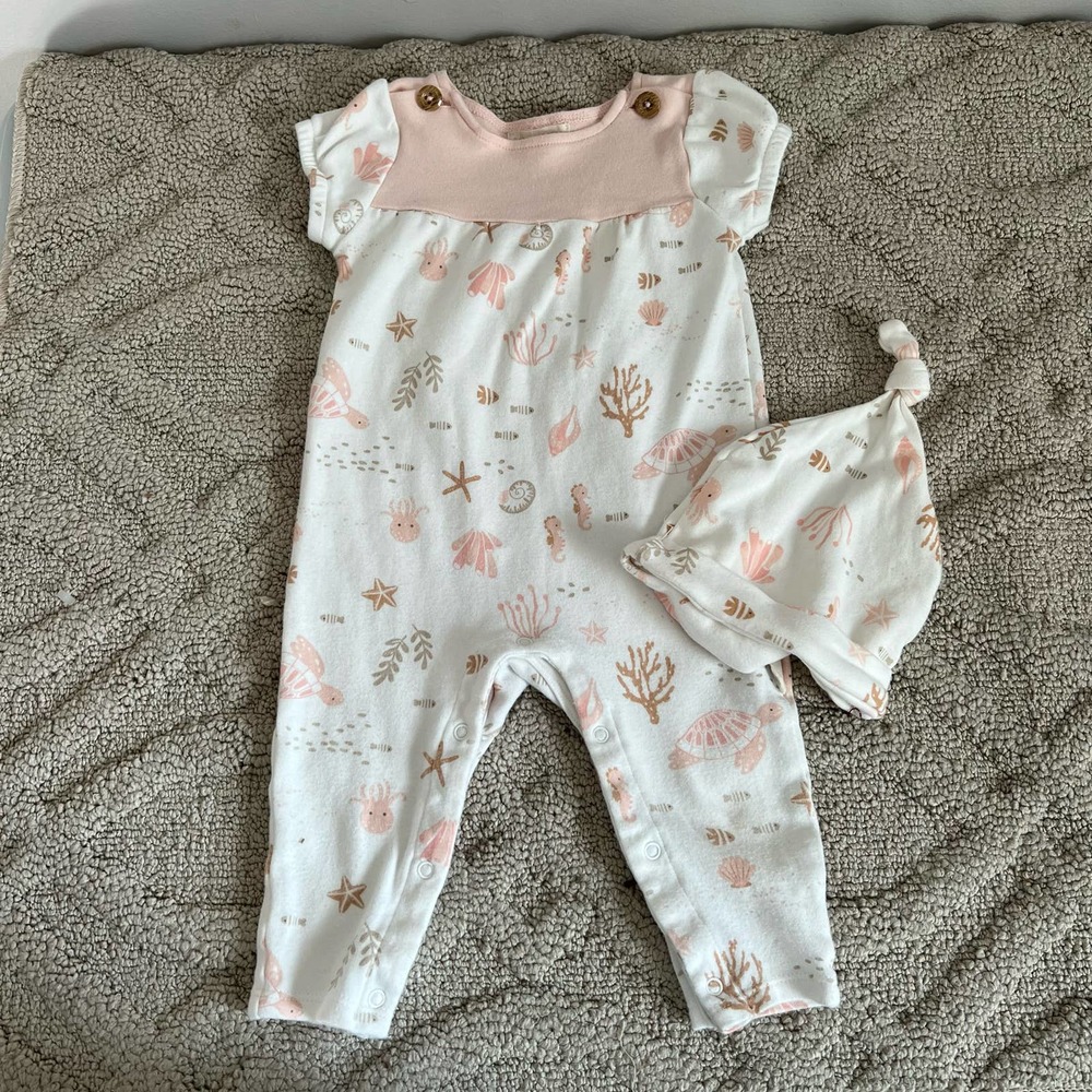Rabbit & Bear Girls Ocean Seashell Print Romper Set 6-9 Months